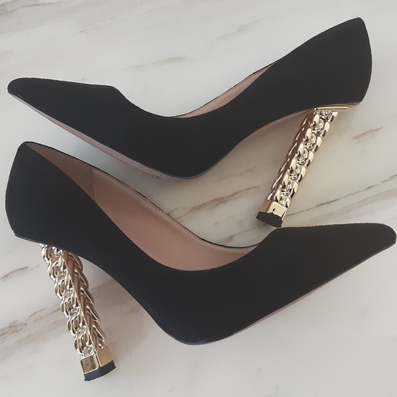 FSJ Trendy Pointed Toe High Heel Gold Metal Chain Pumps Sz 11 - Picture 4 of 10